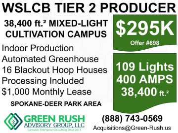109-Light Spokane Area WSLCB T2 Cannabis Producer/Processor For Sale, Offer #698