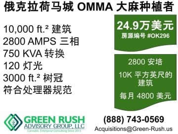OKC地区OMMA垂直整合大麻药房、种植、加工设备出售，报价#OK296